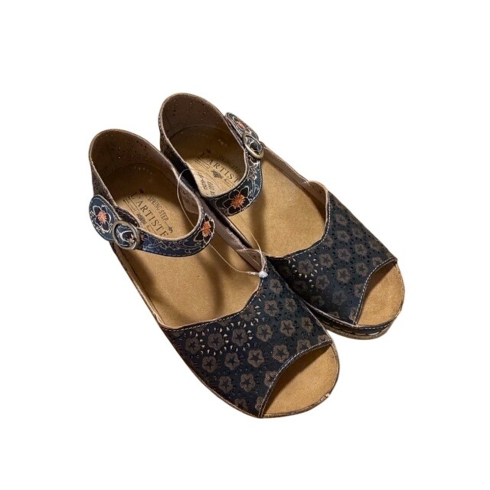 Spring Step L'Artiste Delphia Navy Blue Floral Leather Wedge Sandal Women 41/ 10